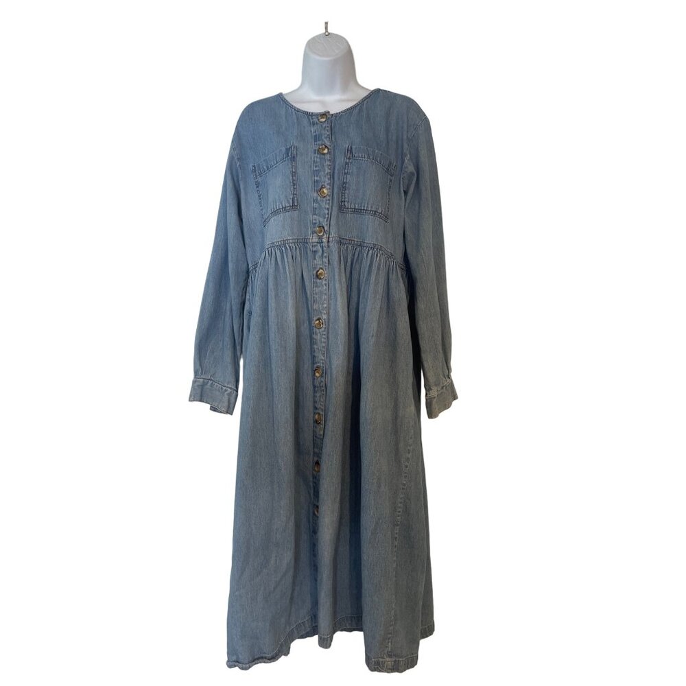 Vintage Denim Babydoll Empire Waist Button Front Long Sleeve Blue Jean Dress Sm